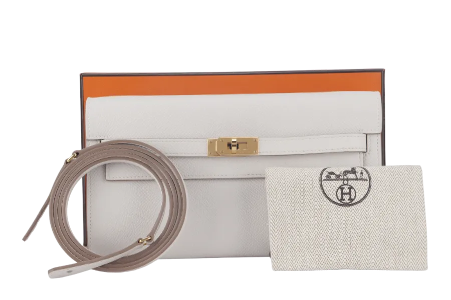 HERMES KELLY TO GO (STAMP B) GRIS PALE EPSOM LEATHER GOLD HARDWARE WITH STRAP, DUST COVER AND BOX