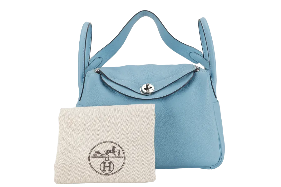 HERMES LINDY 30 BLUE CELESTE CLEMENCE LEATHER PALLADIUM HARDWARE STAMP D (YEAR 2019) WITH DUST COVER