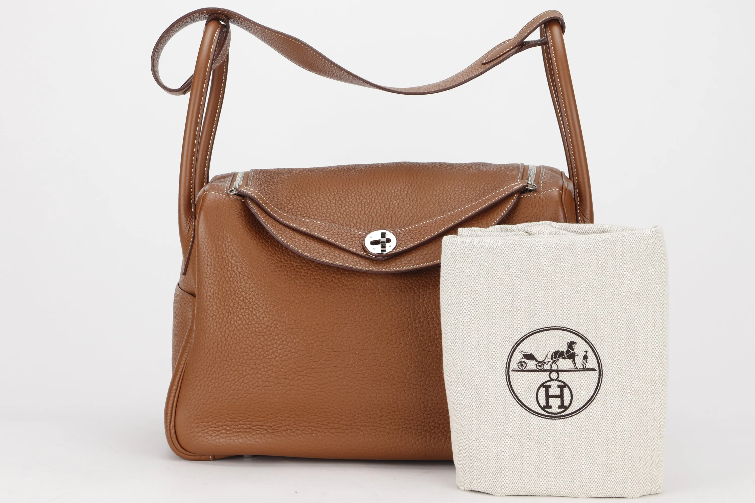 HERMES LINDY 34CM (STAMP Q) GOLD COLOR CLEMENCE LEATHER SILVER HARDWARE, WITH DUST COVER
