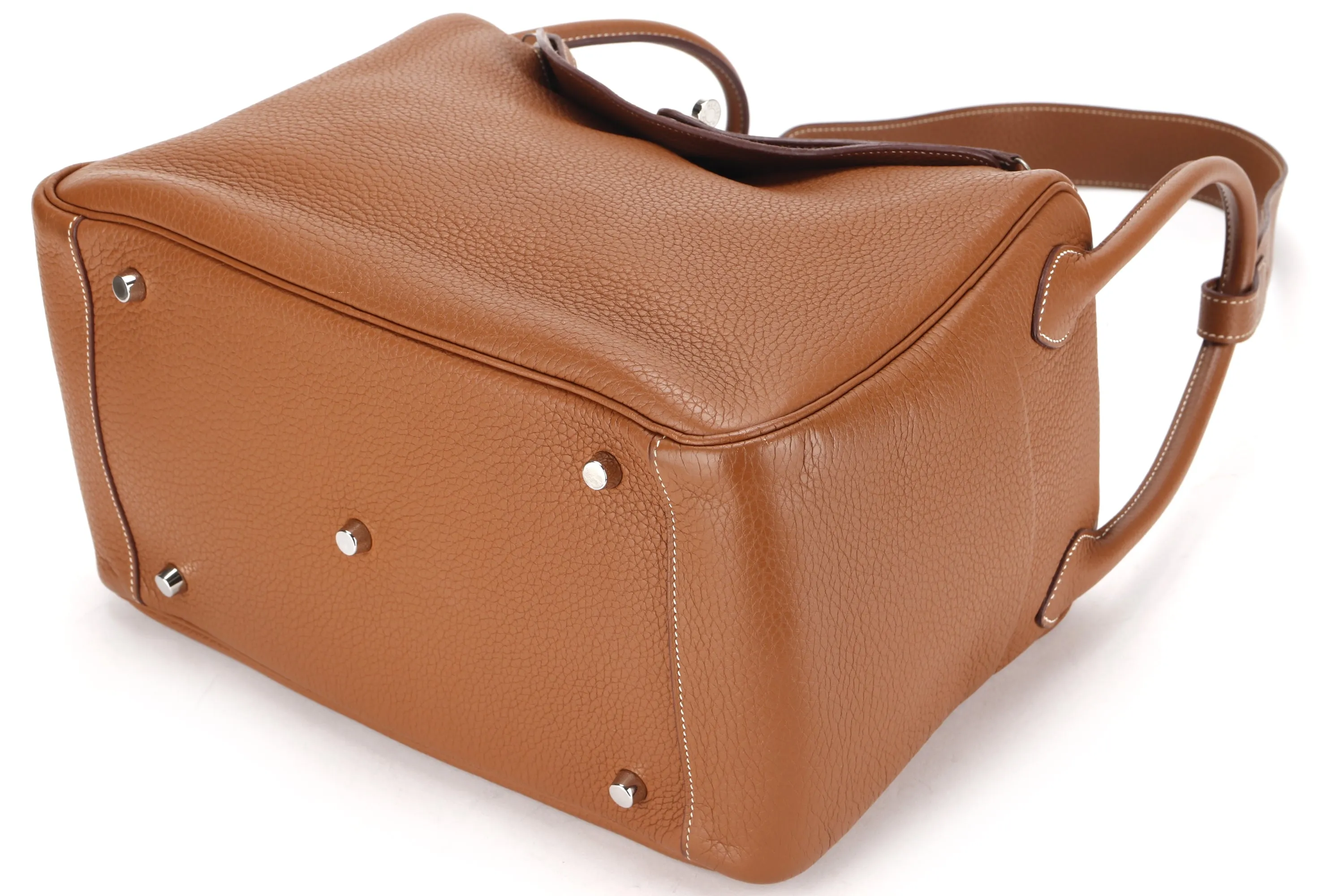 HERMES LINDY 34CM (STAMP Q) GOLD COLOR CLEMENCE LEATHER SILVER HARDWARE, WITH DUST COVER