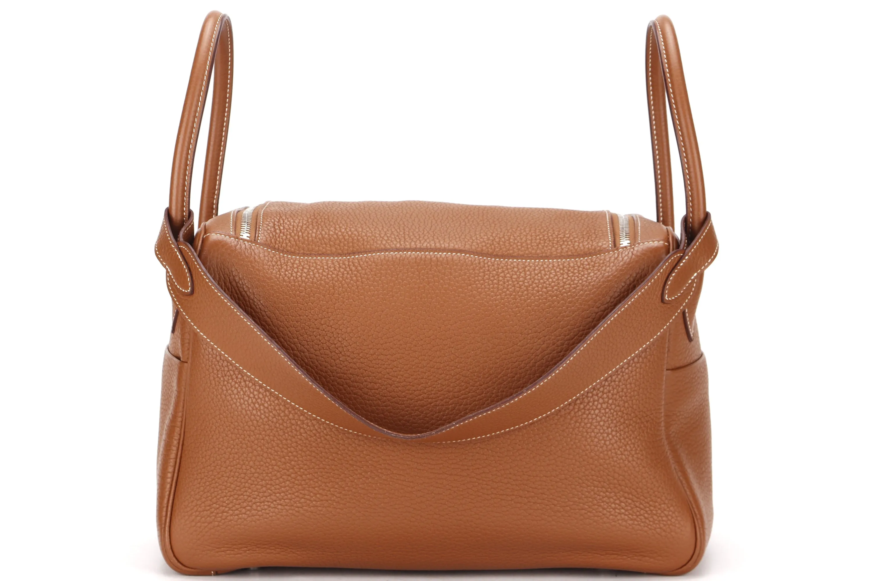 HERMES LINDY 34CM (STAMP Q) GOLD COLOR CLEMENCE LEATHER SILVER HARDWARE, WITH DUST COVER