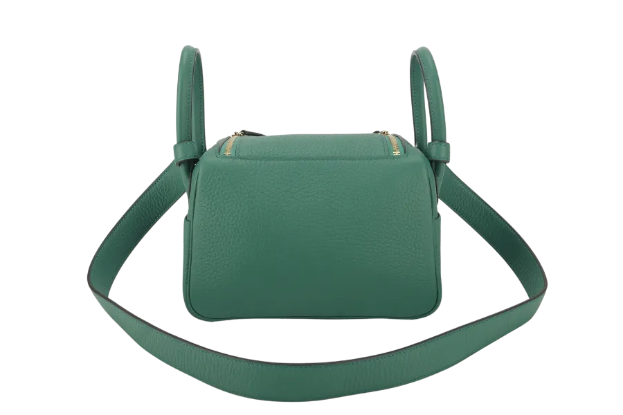 HERMES MINI LINDY STAMP W (YEAR 2024) VERT VERTIGO CLEMENCE GOLD HARDWARE  WITH DUST COVER AND BOX
