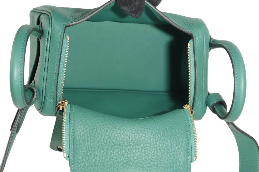 HERMES MINI LINDY STAMP W (YEAR 2024) VERT VERTIGO CLEMENCE GOLD HARDWARE  WITH DUST COVER AND BOX