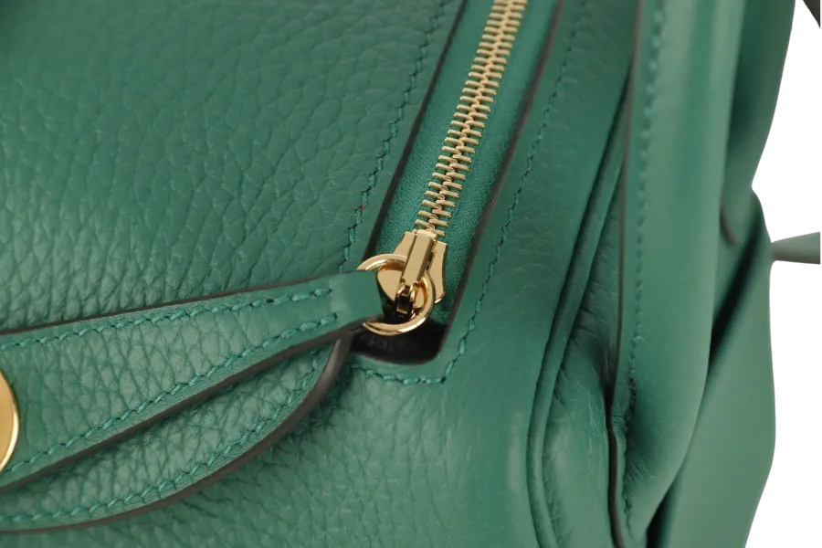 HERMES MINI LINDY STAMP W (YEAR 2024) VERT VERTIGO CLEMENCE GOLD HARDWARE  WITH DUST COVER AND BOX