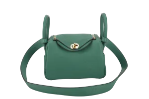 HERMES MINI LINDY STAMP W (YEAR 2024) VERT VERTIGO CLEMENCE GOLD HARDWARE  WITH DUST COVER AND BOX