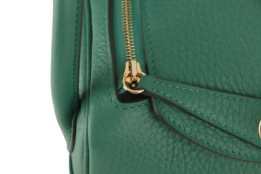 HERMES MINI LINDY STAMP W (YEAR 2024) VERT VERTIGO CLEMENCE GOLD HARDWARE  WITH DUST COVER AND BOX