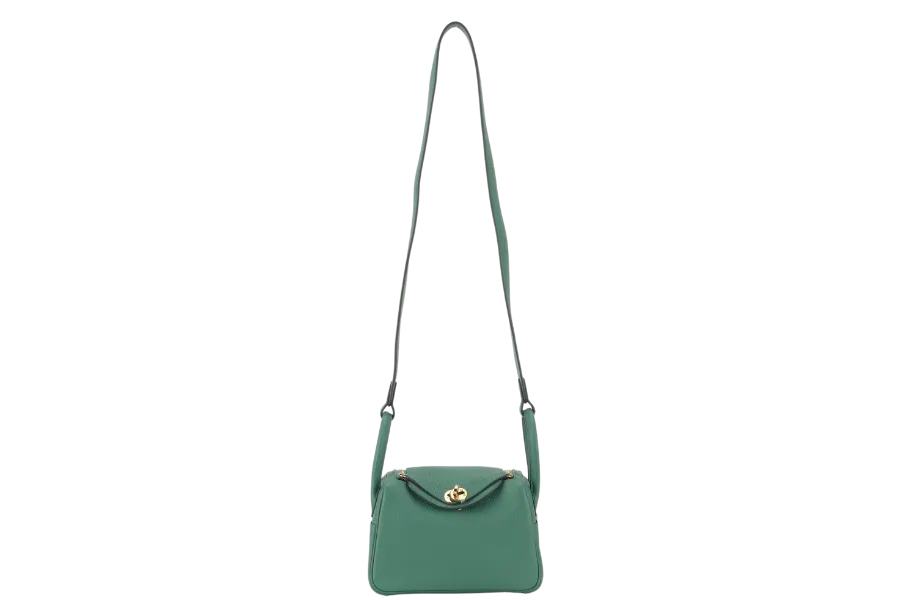 HERMES MINI LINDY STAMP W (YEAR 2024) VERT VERTIGO CLEMENCE GOLD HARDWARE  WITH DUST COVER AND BOX
