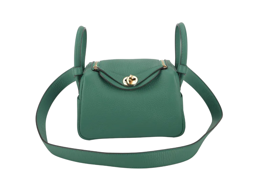 HERMES MINI LINDY STAMP W (YEAR 2024) VERT VERTIGO CLEMENCE GOLD HARDWARE  WITH DUST COVER AND BOX