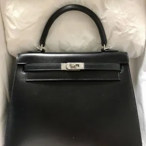 Hermès Kelly 25 Noir (Black) Sellier Box Palladium Hardware PHW
