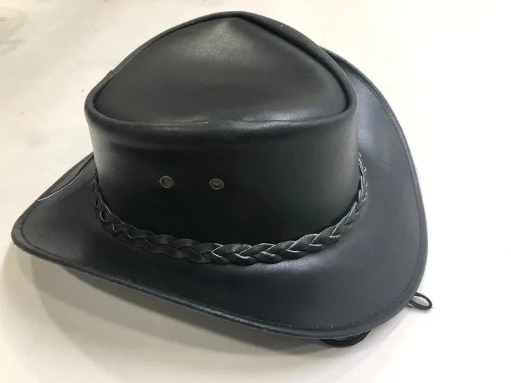 HL80121Black Braided  BLACK Leather Hat