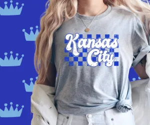 Kansas City Blue Checkered Background Grey Graphic Tee