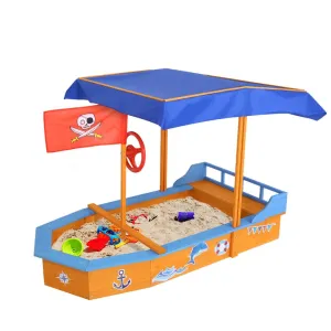 Keezi Kids Sandpit Wooden Boat Sand Pit with Canopy Bench Seat Beach Toys 150cm - ONLINE ONLY