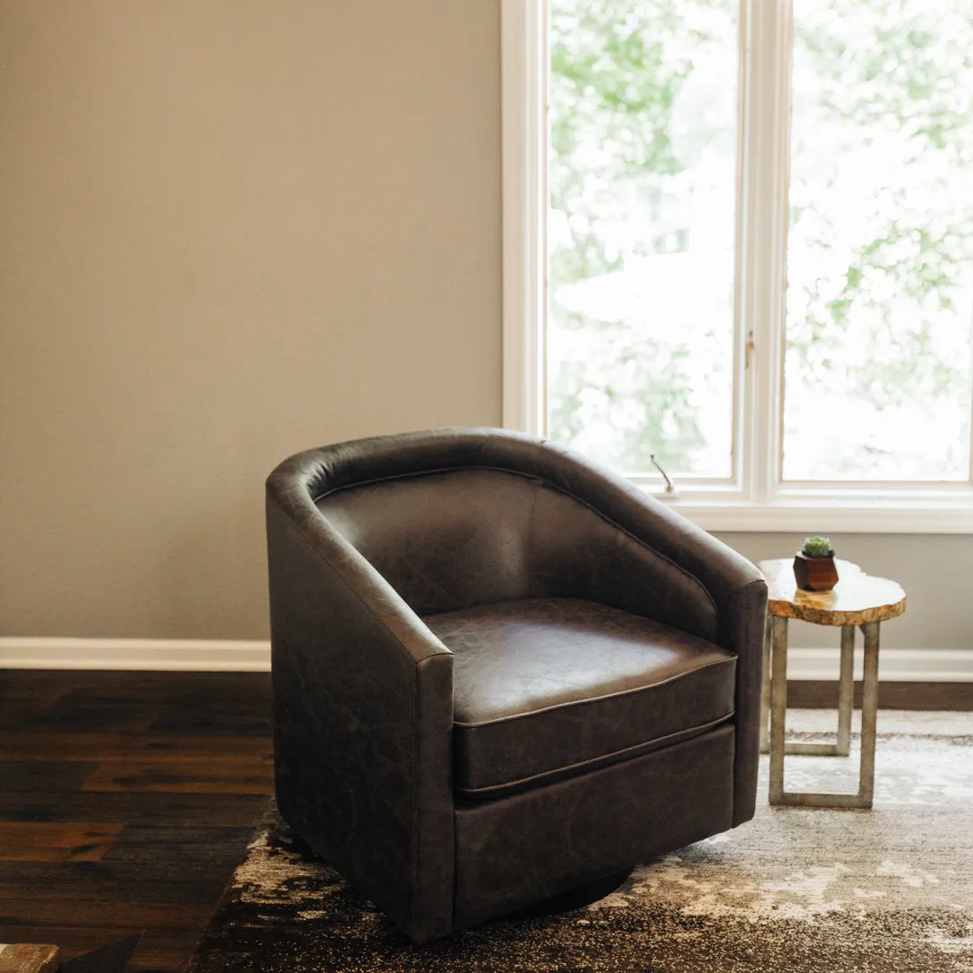 Kiersten 28.7" Wide Vegan Leather Swivel Barrel Chair Sand & Stable™ Leather Type: Pebble Charcoal Faux Leather