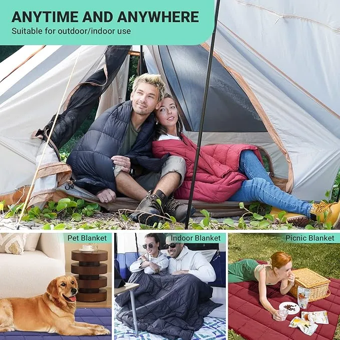 KingCamp Camping Blanket Lightweight, Multifunctional Warm Puffy Outdoor Blanket with Snap Button, Water Repellent, Backpacking Quilt for Travel, Airplane, Hiking, Picnic