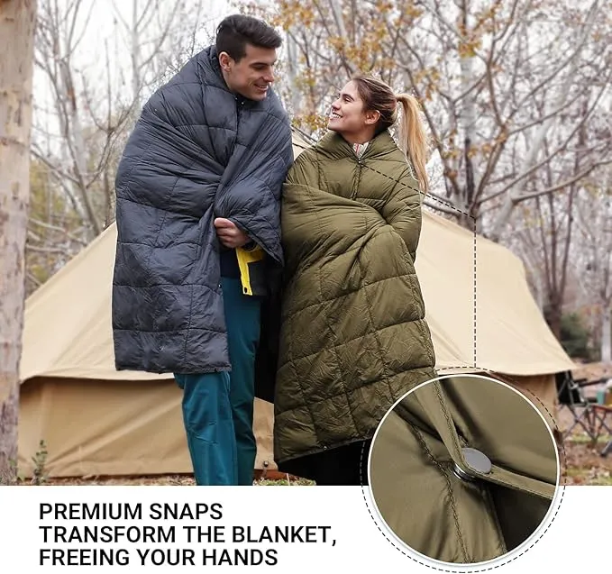 KingCamp Camping Blanket Lightweight, Multifunctional Warm Puffy Outdoor Blanket with Snap Button, Water Repellent, Packable, for Travel, Airplane, Hiking, Picnic