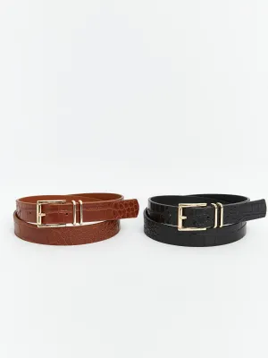 LCW ACCESSORIES Brown Leather Look Women Belt 2-Pack