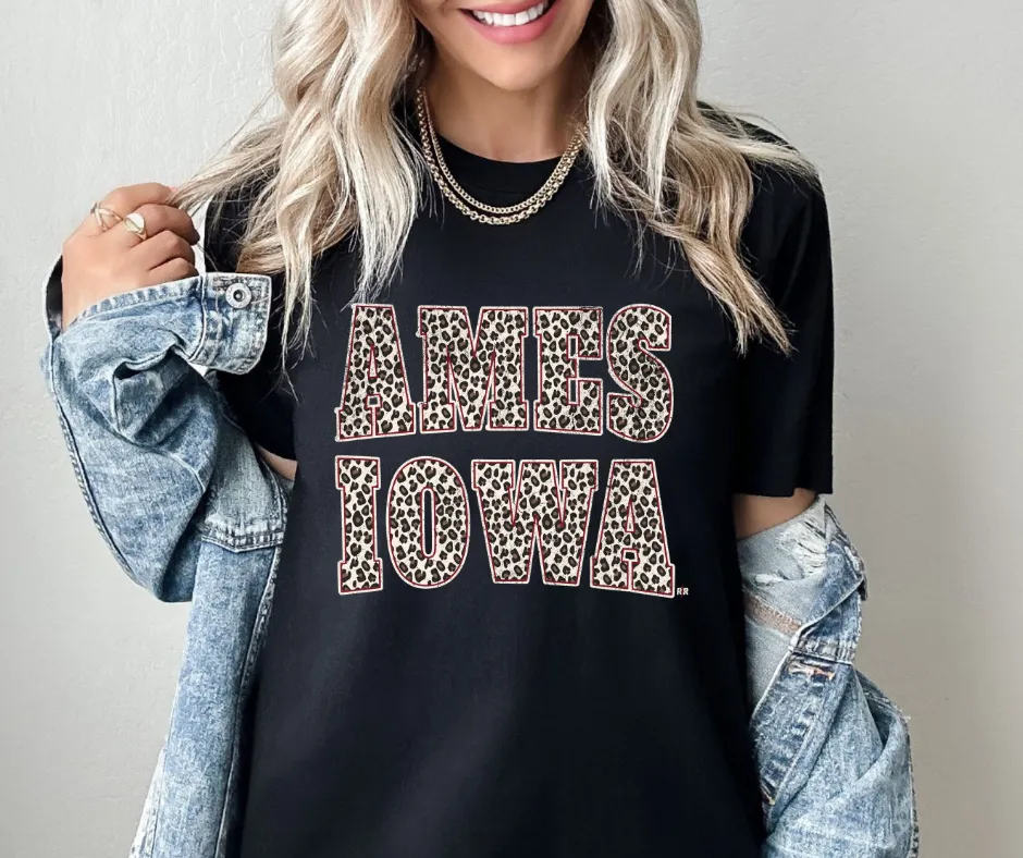 Leopard Ames Iowa Block Letters Black Tee