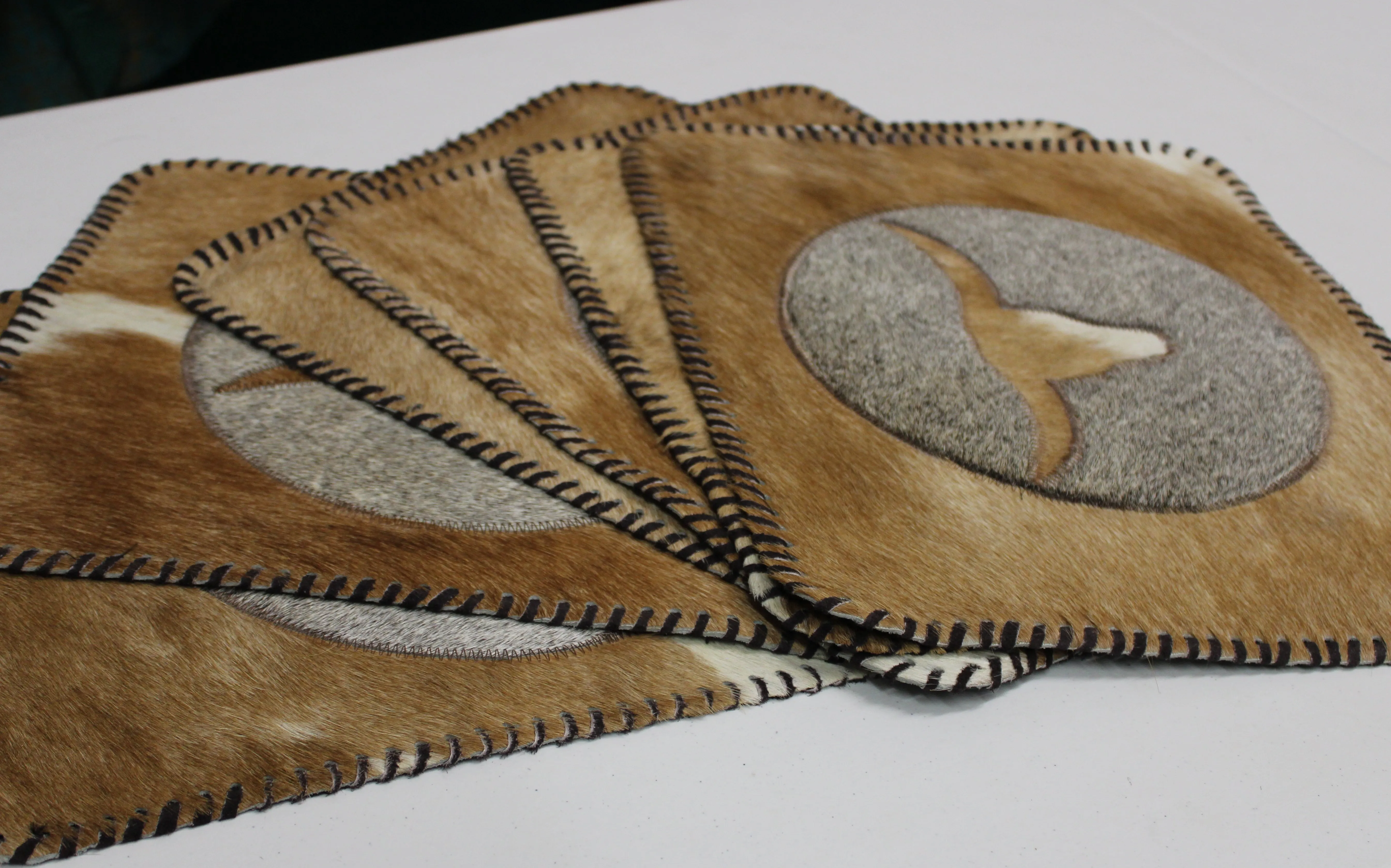 Light Beige & Gray Cowhide Placemats - Longhorn Design - 17"x14"- Single or in set of 2, 4 or 6