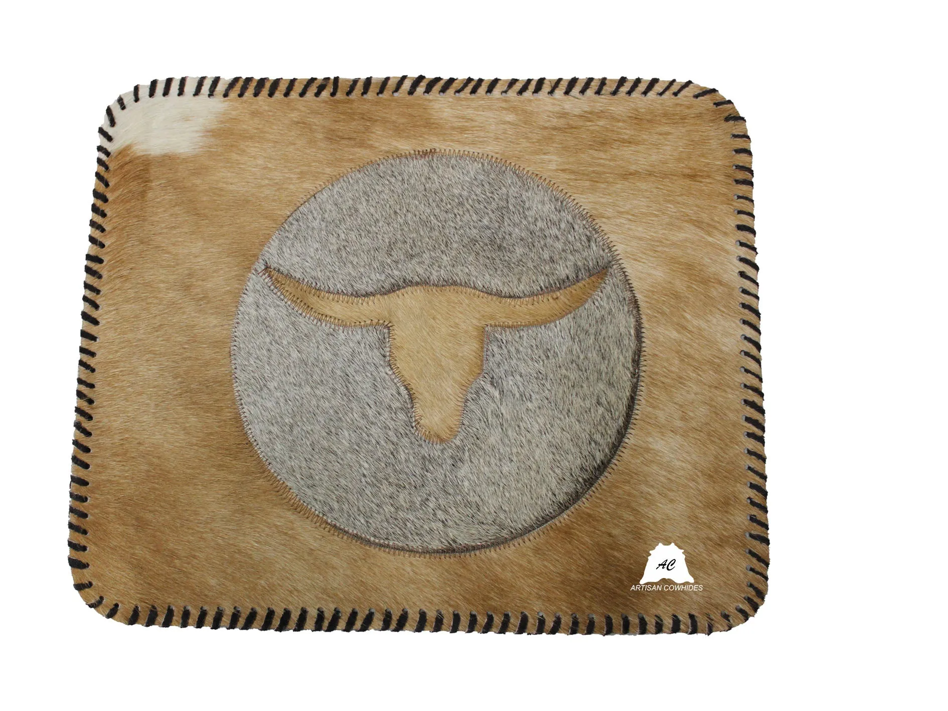 Light Beige & Gray Cowhide Placemats - Longhorn Design - 17"x14"- Single or in set of 2, 4 or 6