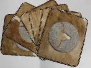 Light Beige & Gray Cowhide Placemats - Longhorn Design - 17"x14"- Single or in set of 2, 4 or 6