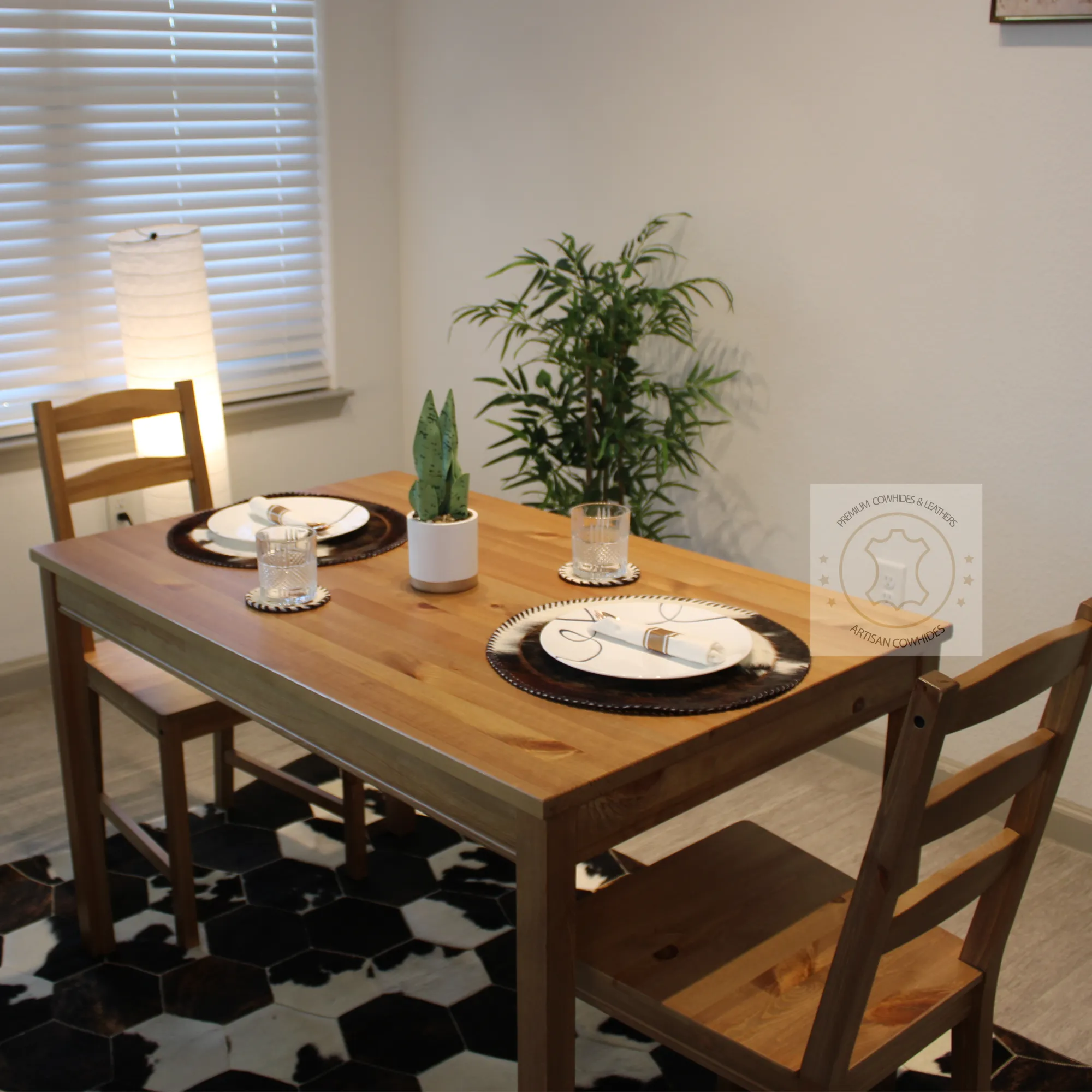 Light Beige & Gray Cowhide Placemats - Longhorn Design - 17"x14"- Single or in set of 2, 4 or 6