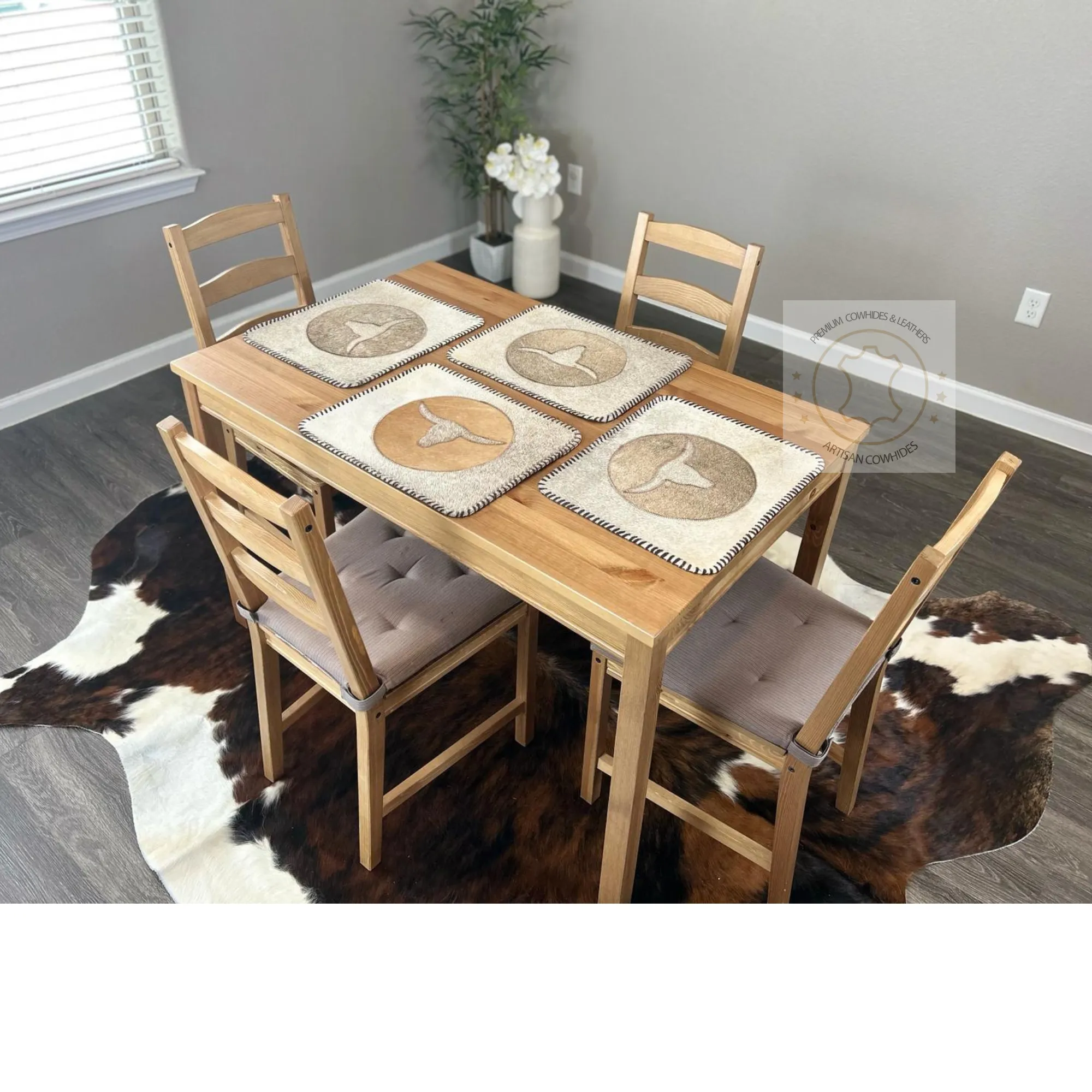 Light Beige & Gray Cowhide Placemats - Longhorn Design - 17"x14"- Single or in set of 2, 4 or 6