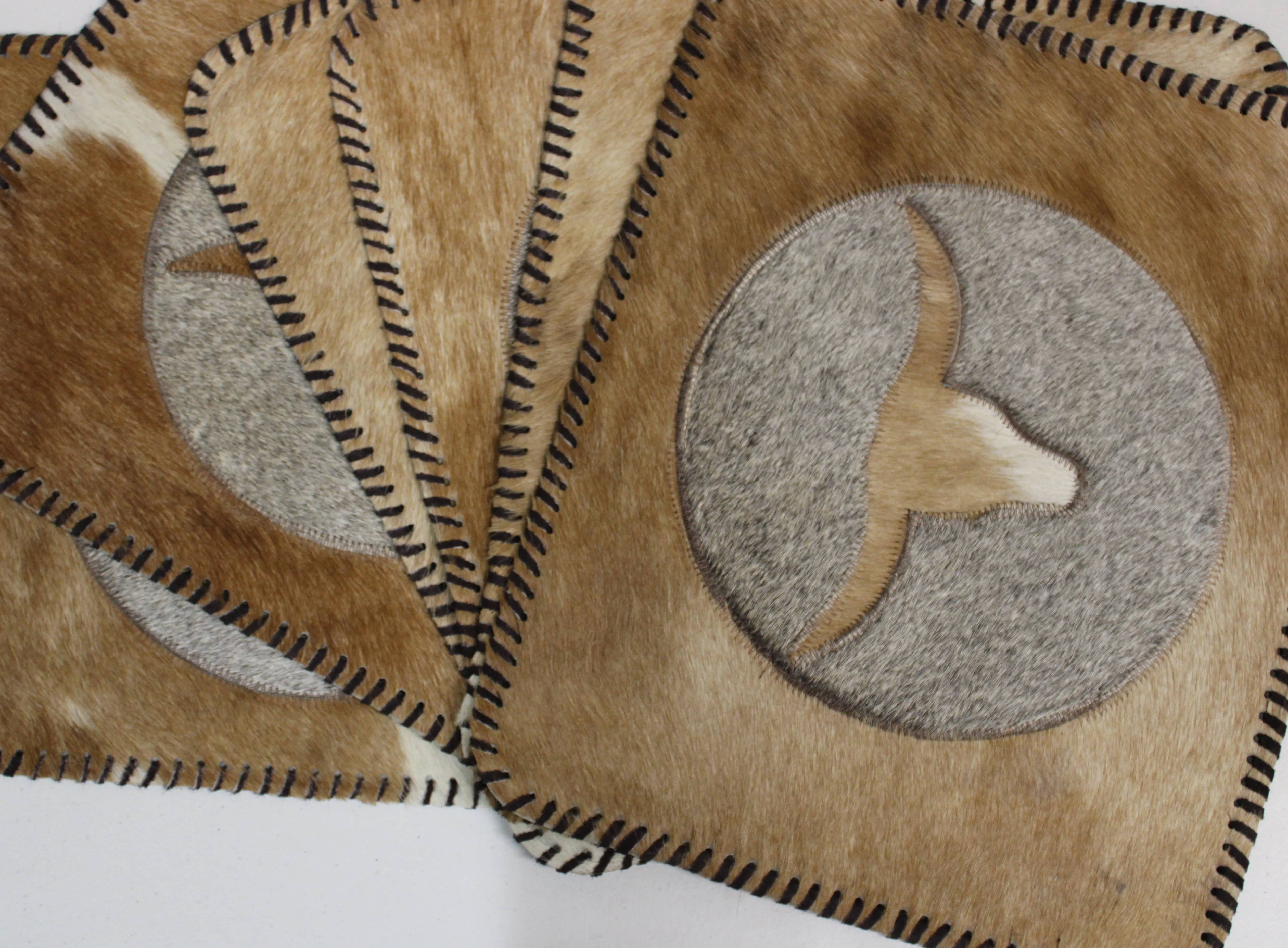 Light Beige & Gray Cowhide Placemats - Longhorn Design - 17"x14"- Single or in set of 2, 4 or 6