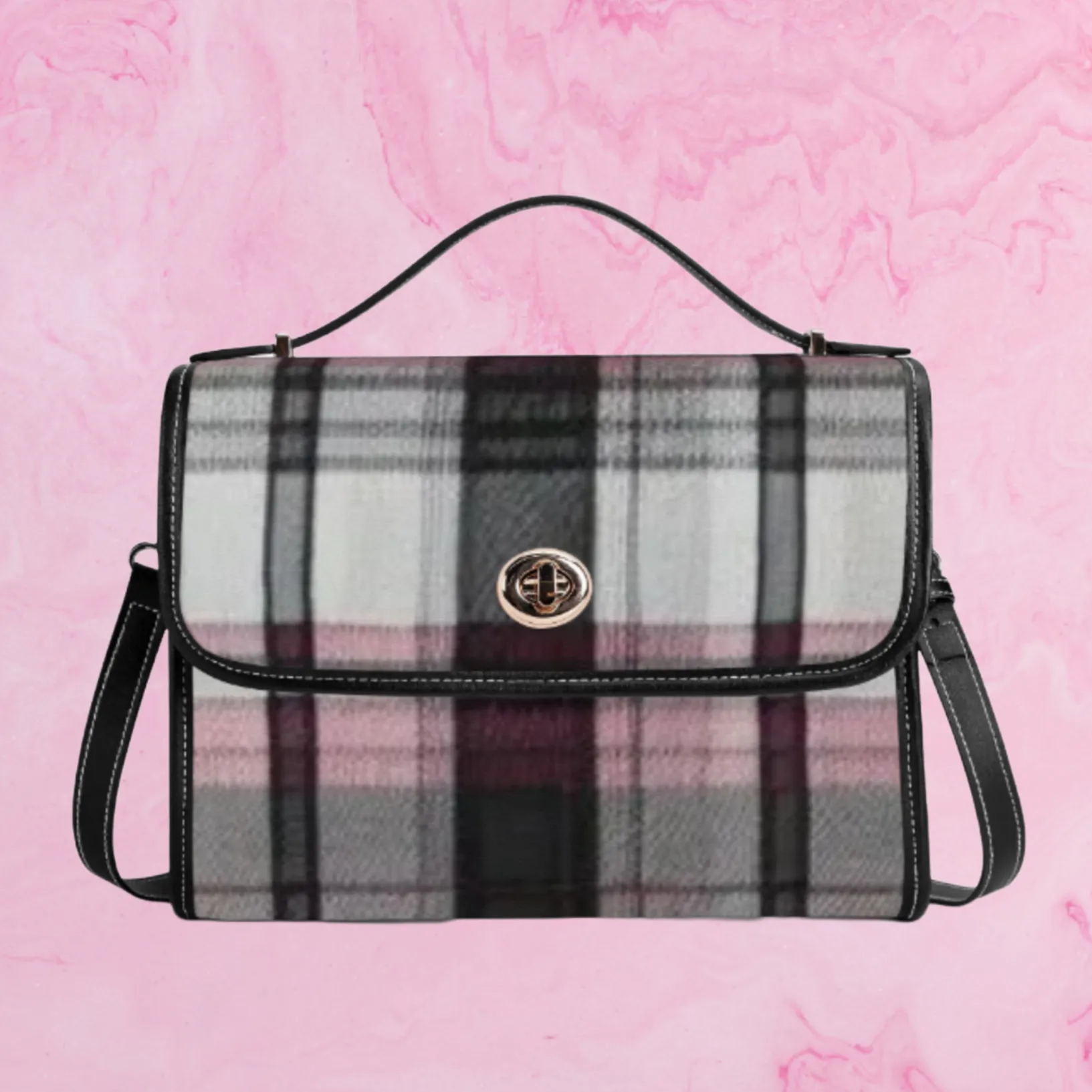 Melisa Design Pink, White, & Black Plaid PU Leather Satchel Bag