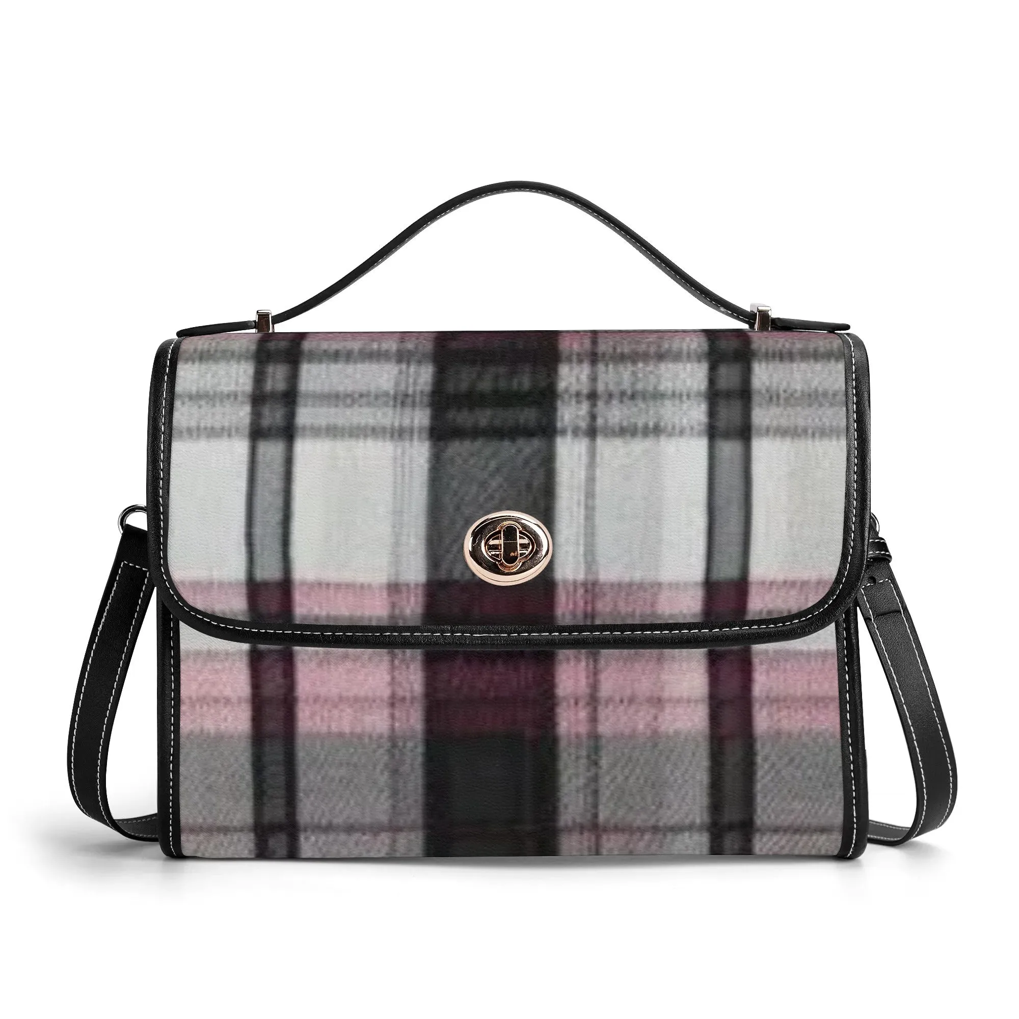 Melisa Design Pink, White, & Black Plaid PU Leather Satchel Bag