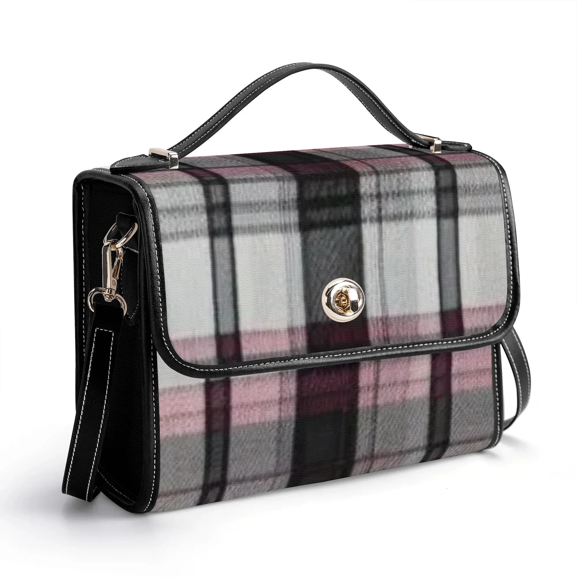 Melisa Design Pink, White, & Black Plaid PU Leather Satchel Bag