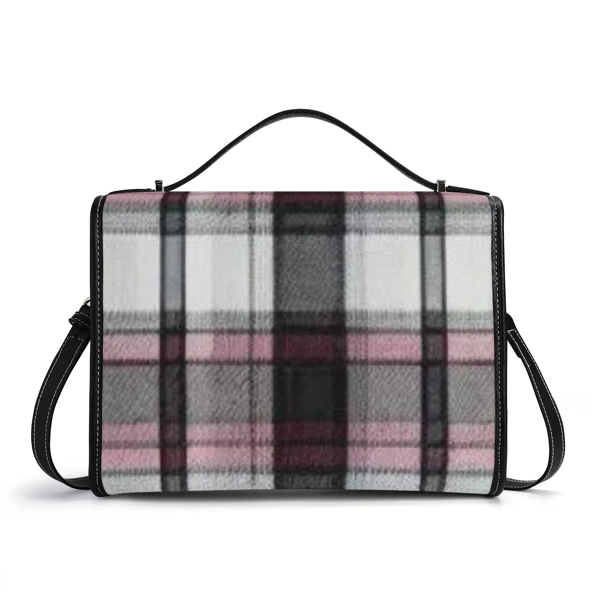 Melisa Design Pink, White, & Black Plaid PU Leather Satchel Bag