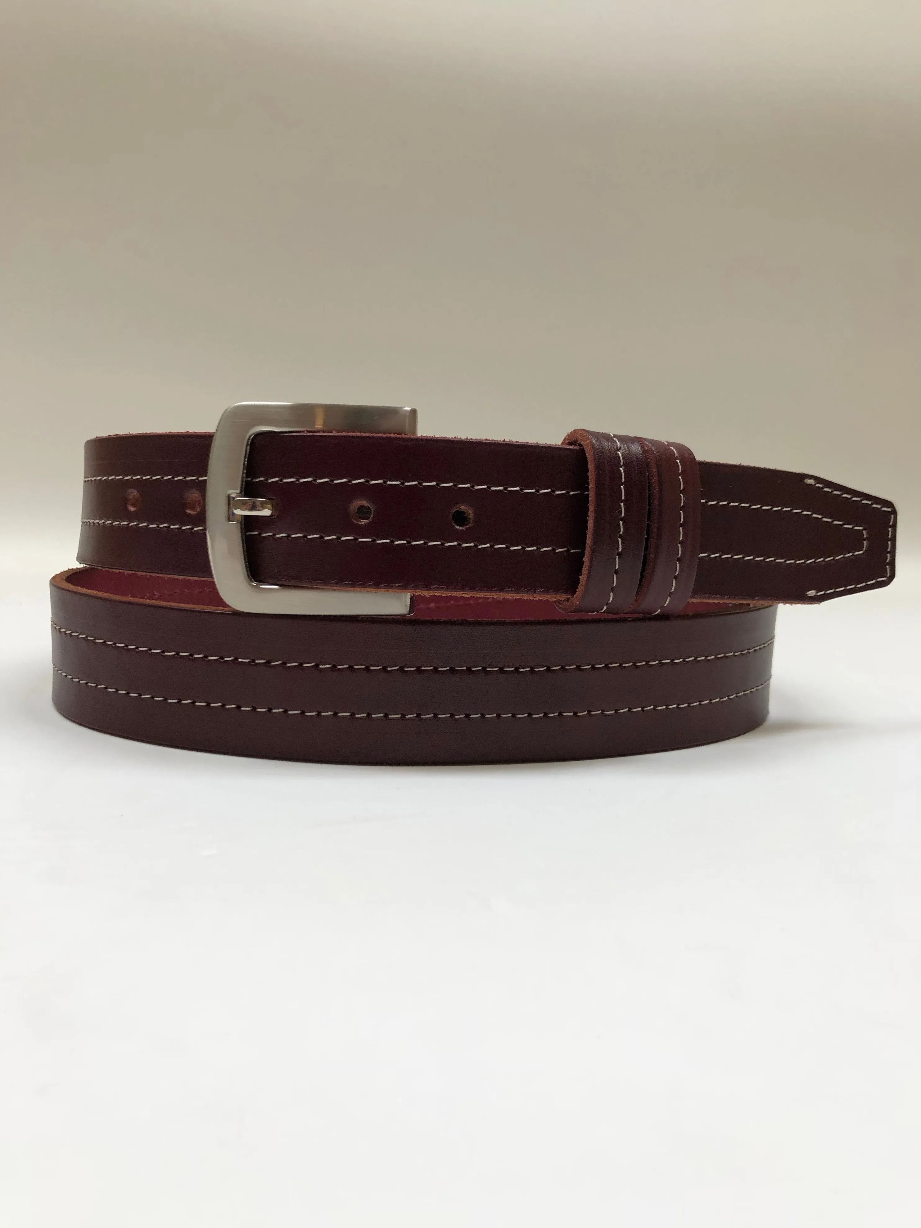 Men's Burgundy Leather Belt with Silver Tone Buckle 44A3