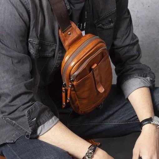 Mens Cross Body Sling Bag Cowhide Leather