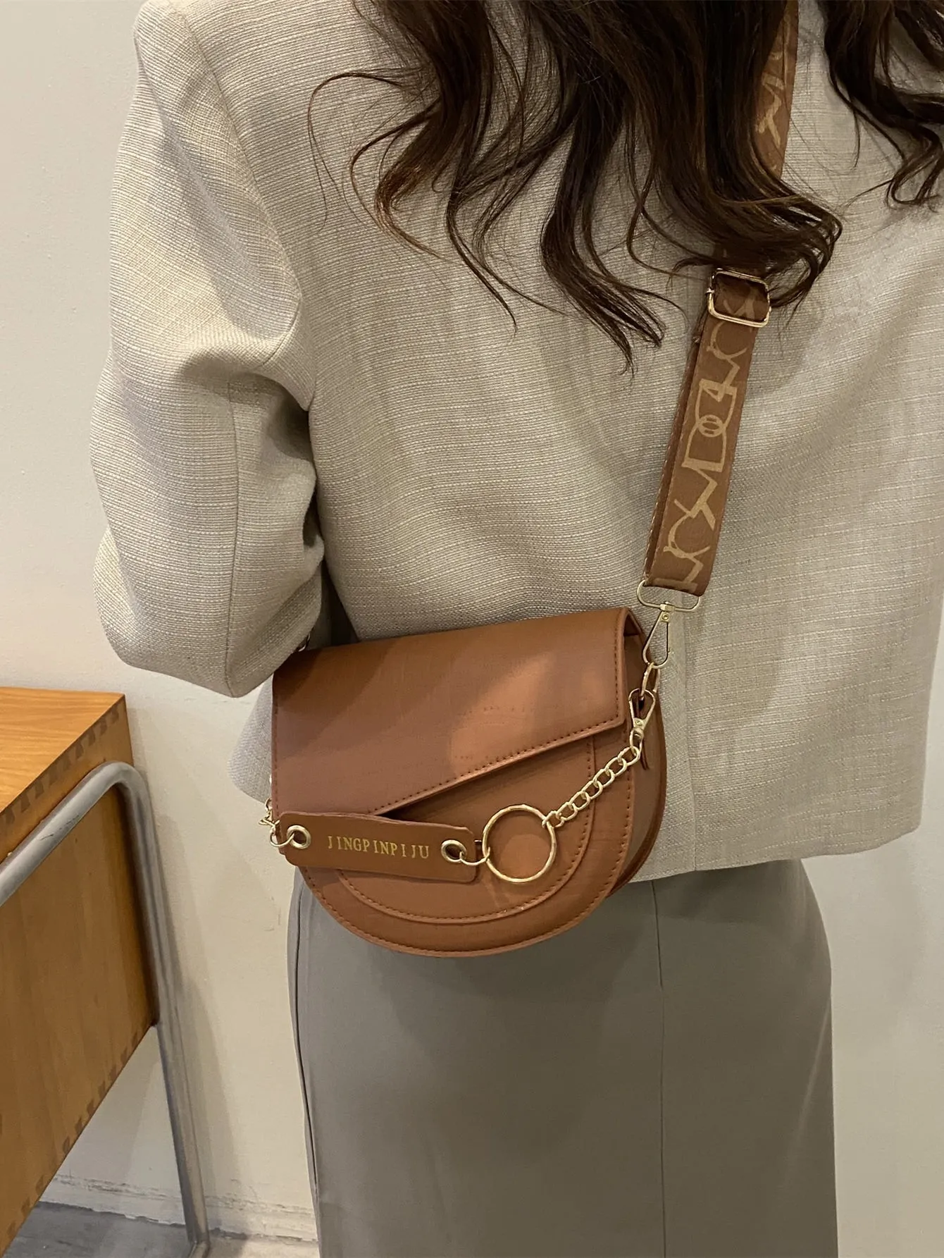 Mini Crocodile Embossed Flap Saddle Bag - Brown