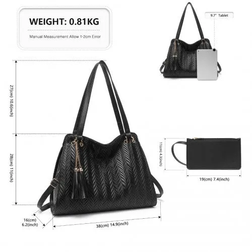 Miss Lulu Chic Embossed Tote With Tassel Detail And Card Pouch - Black