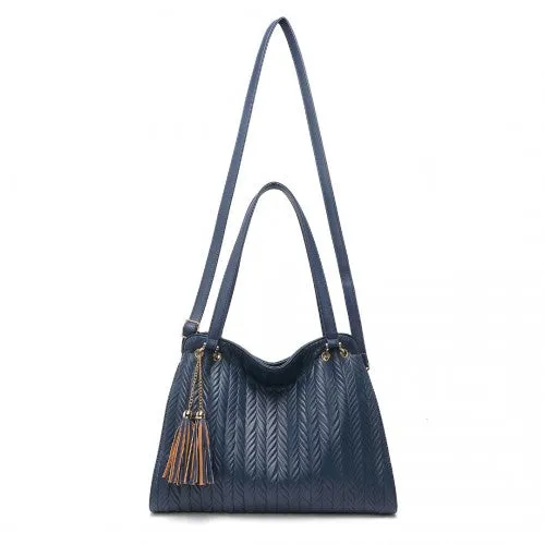 Miss Lulu Chic Embossed Tote With Tassel Detail And Card Pouch - Navy