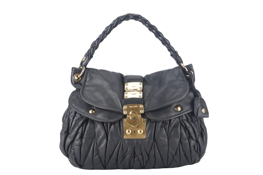 MIU MIU MATELLASE COFFER 42 BLACK CALFSKIN GOLD HARDWARE WITH STRAPS AND DUST COVER