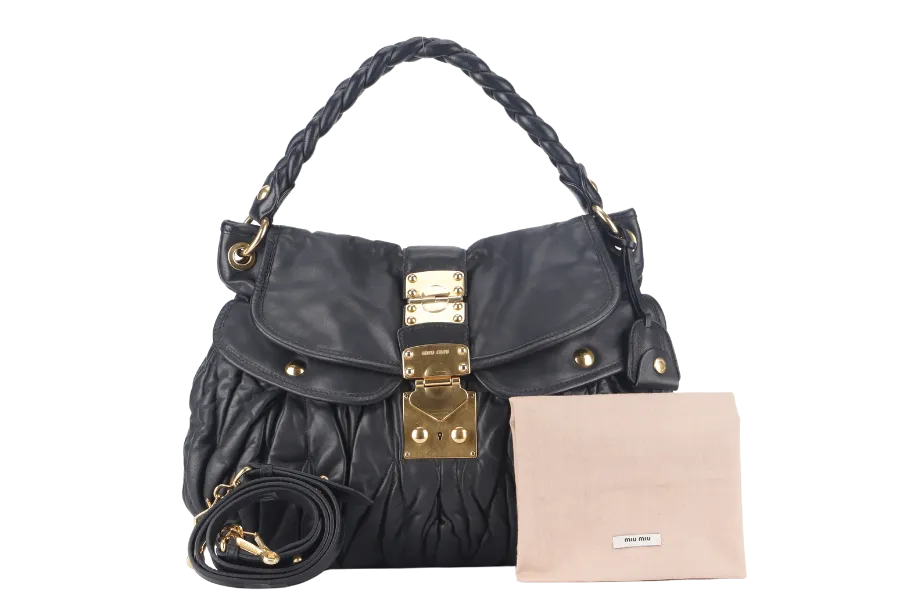 MIU MIU MATELLASE COFFER 42 BLACK CALFSKIN GOLD HARDWARE WITH STRAPS AND DUST COVER