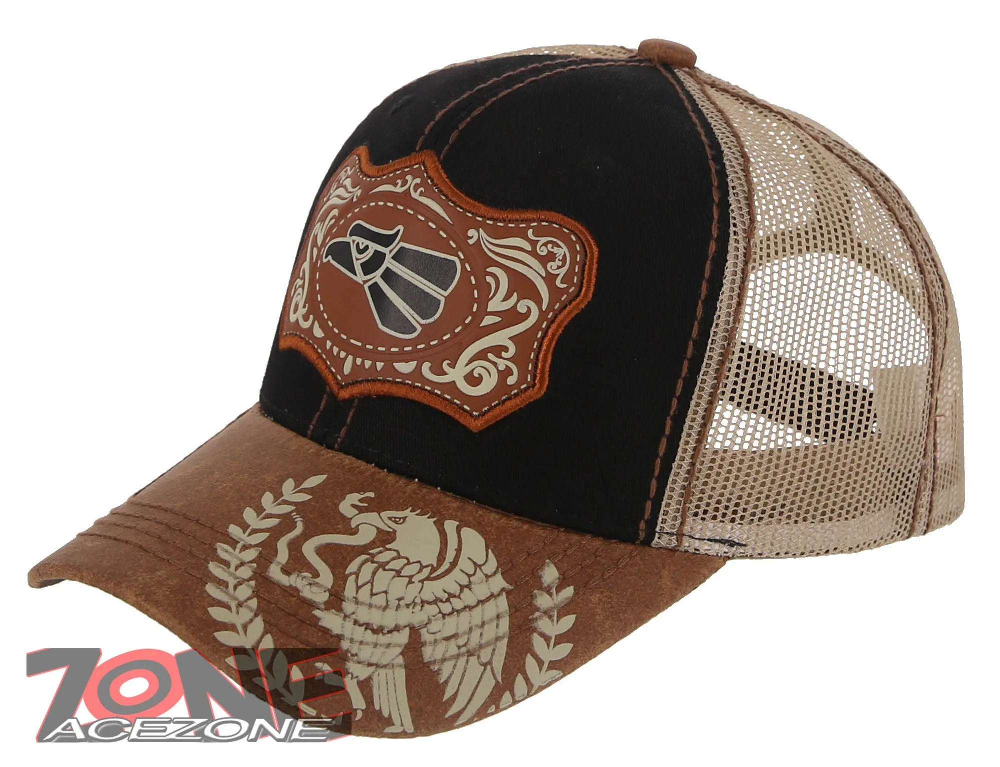 NEW! MEXICAN EAGLE PRIDE AZTEC BIRD TRUCKER SNAPBACK BASEBALL CAP HAT BLACK TAN