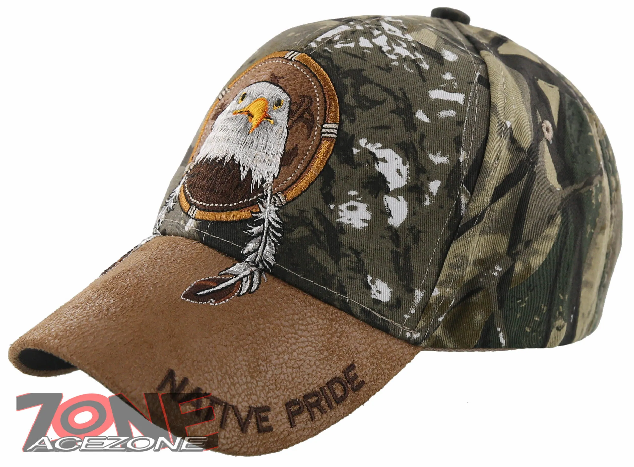 NEW! NATIVE PRIDE EAGLE FEATHERS FAUX LEATHER BASEBALL CAP HAT CAMO