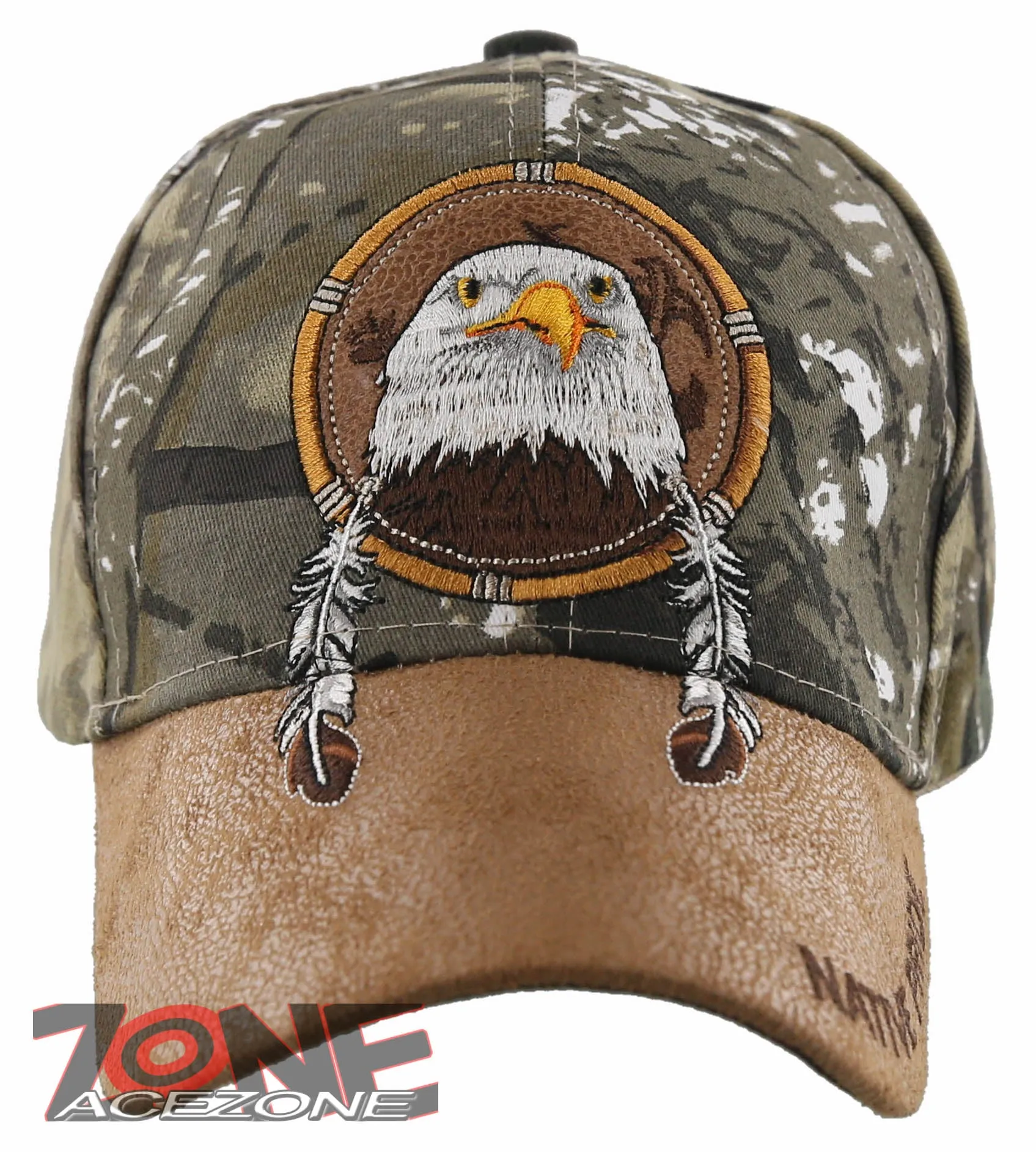 NEW! NATIVE PRIDE EAGLE FEATHERS FAUX LEATHER BASEBALL CAP HAT CAMO