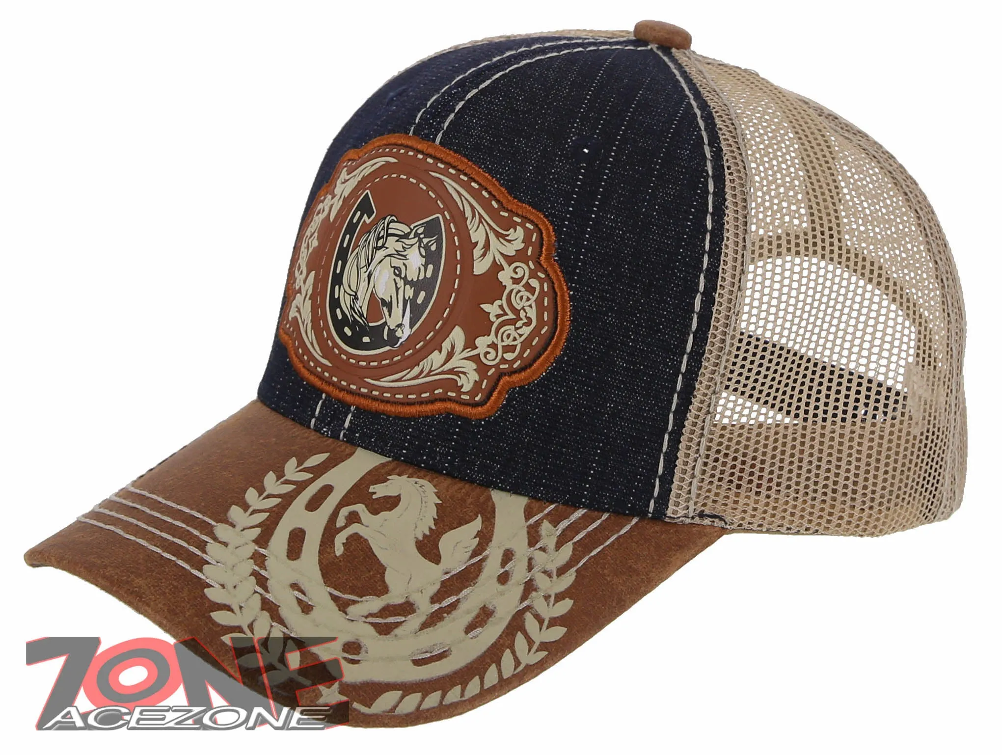 NEW! RODEO HORSE SHOE MESH TRUCKER SNAPBACK BASEBALL CAP HAT BLUE JEAN