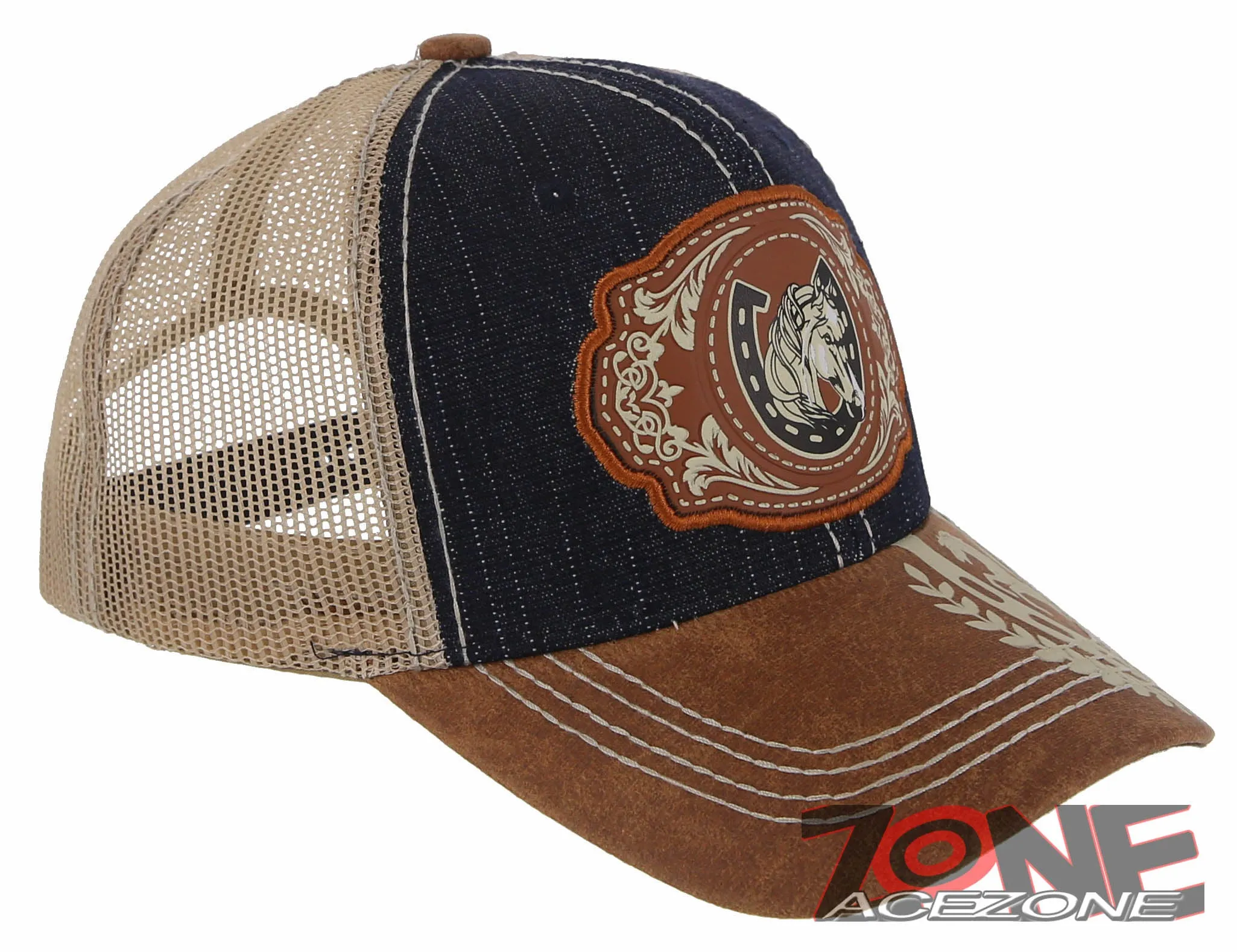 NEW! RODEO HORSE SHOE MESH TRUCKER SNAPBACK BASEBALL CAP HAT BLUE JEAN