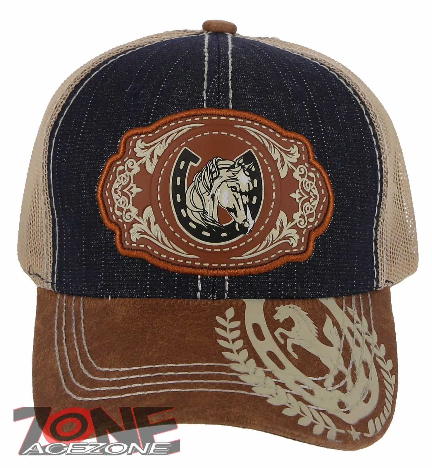 NEW! RODEO HORSE SHOE MESH TRUCKER SNAPBACK BASEBALL CAP HAT BLUE JEAN