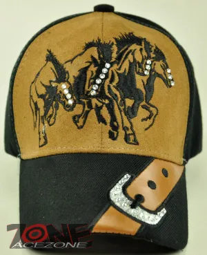 NEW! RODEO HORSE STONE COWBOY FAUX LEATHER BELT CAP HAT BLACK