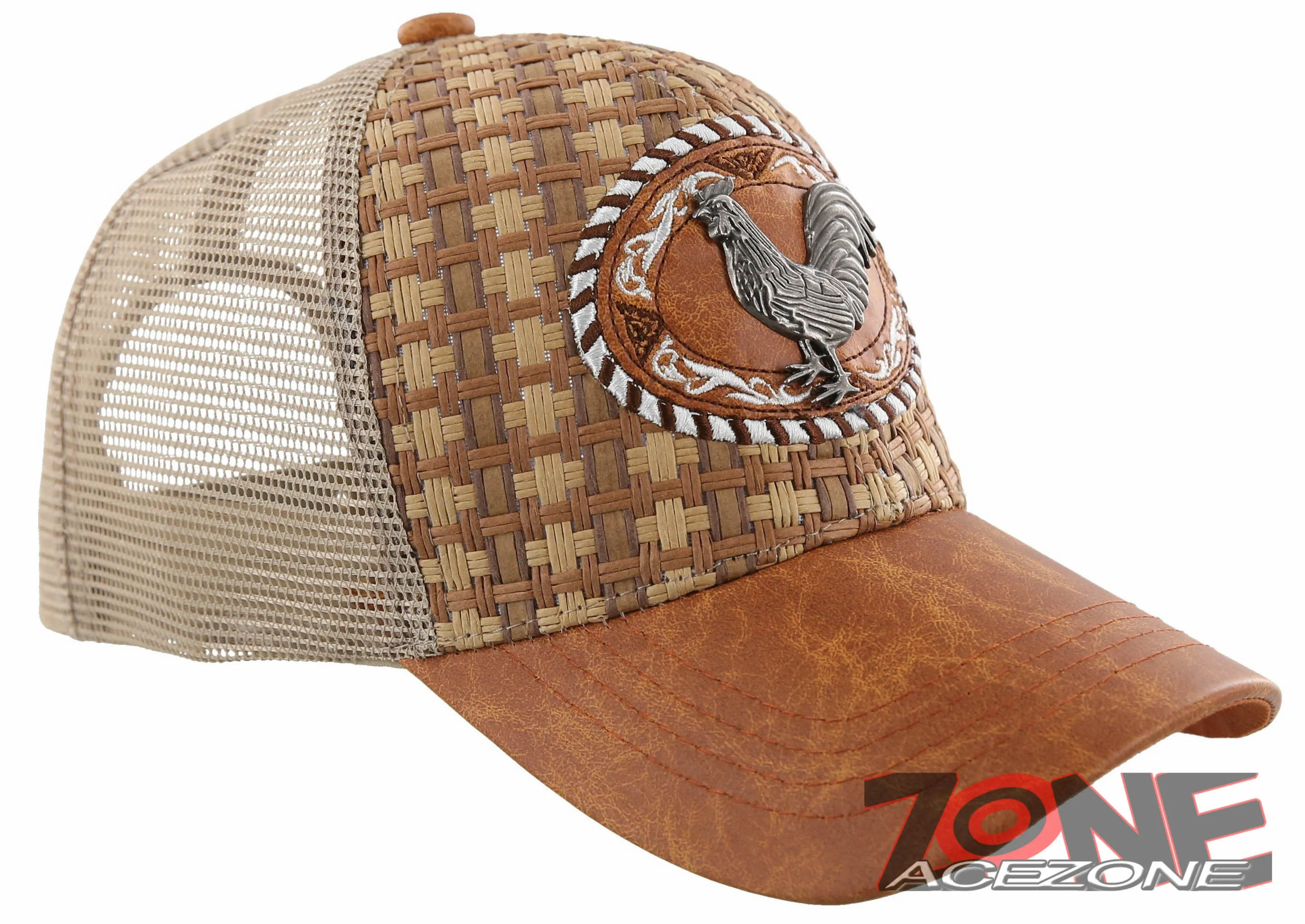 NEW! STRAW MESH METAL COCK FIGHT FAUX LEATHER BALL CAP HAT TAN
