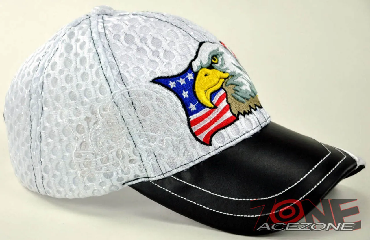 NEW! W/LEATHER MESH EAGLE USA FLAG MILITARY CAP HAT WHITE