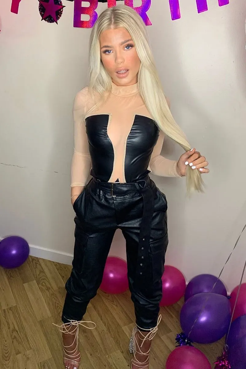 Nude Mesh Black Faux Leather Panel Bodysuit - Reily