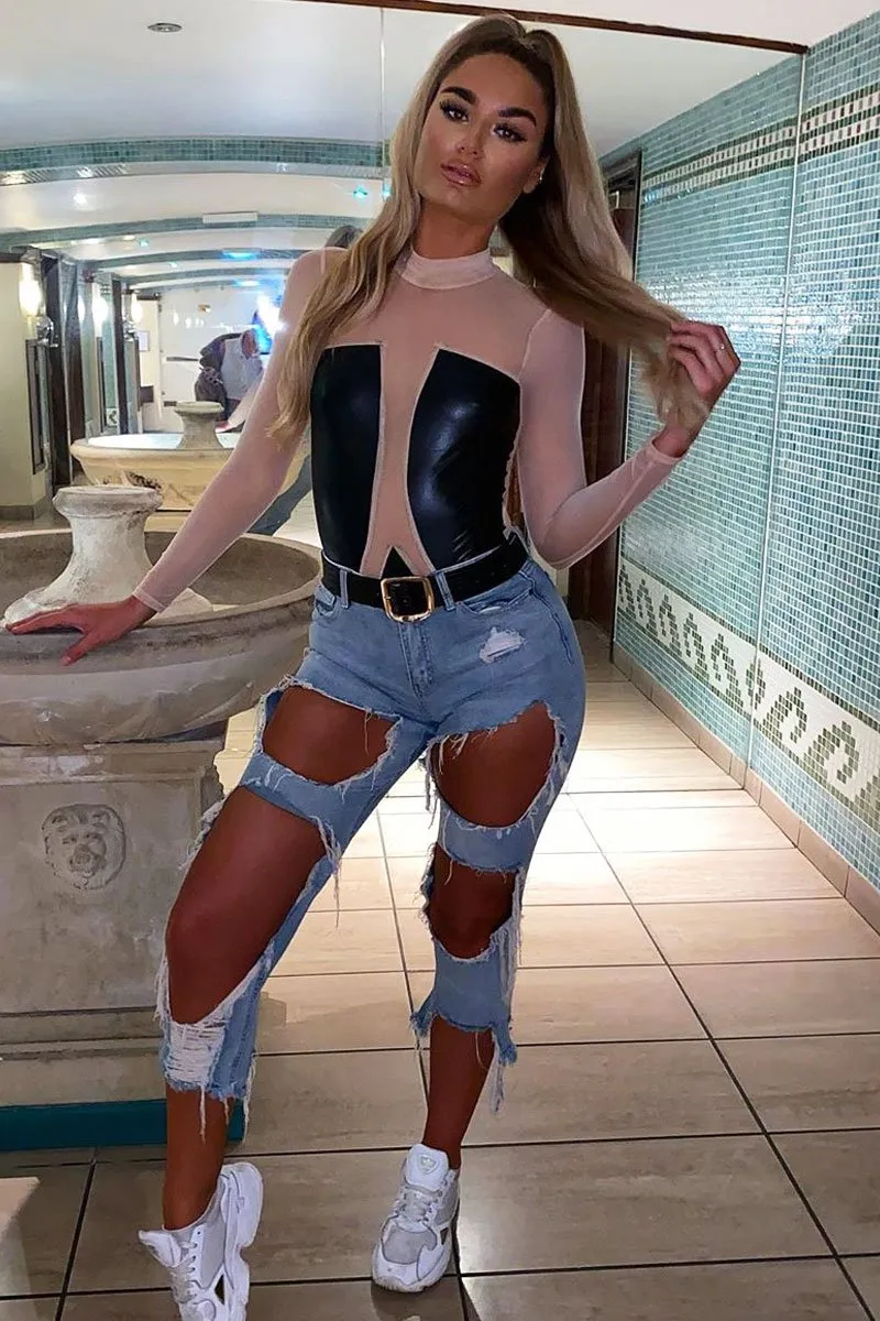 Nude Mesh Black Faux Leather Panel Bodysuit - Reily