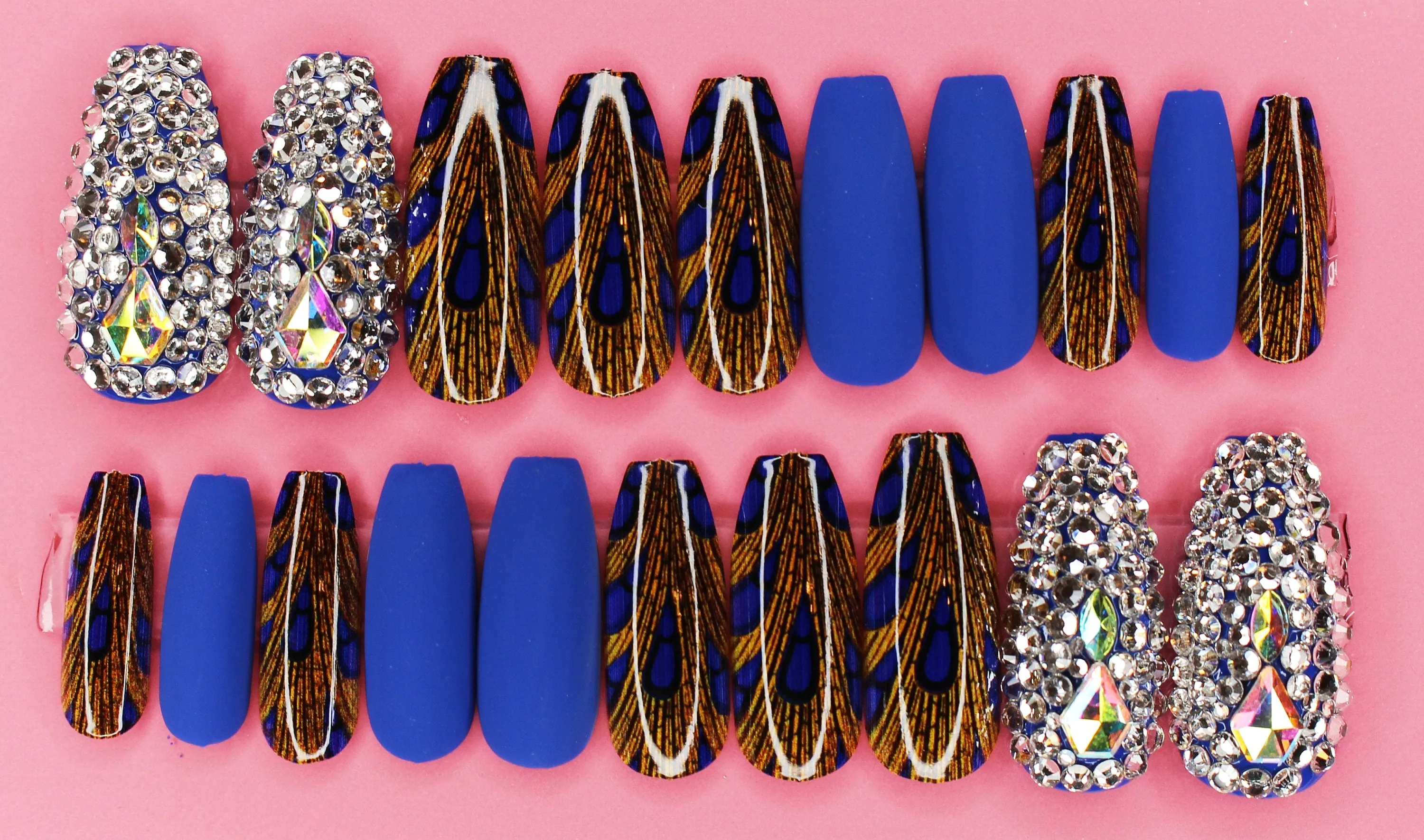 Peacock Blues Glitz Round Coffin Gloss Matte Finish Press On Nails Long